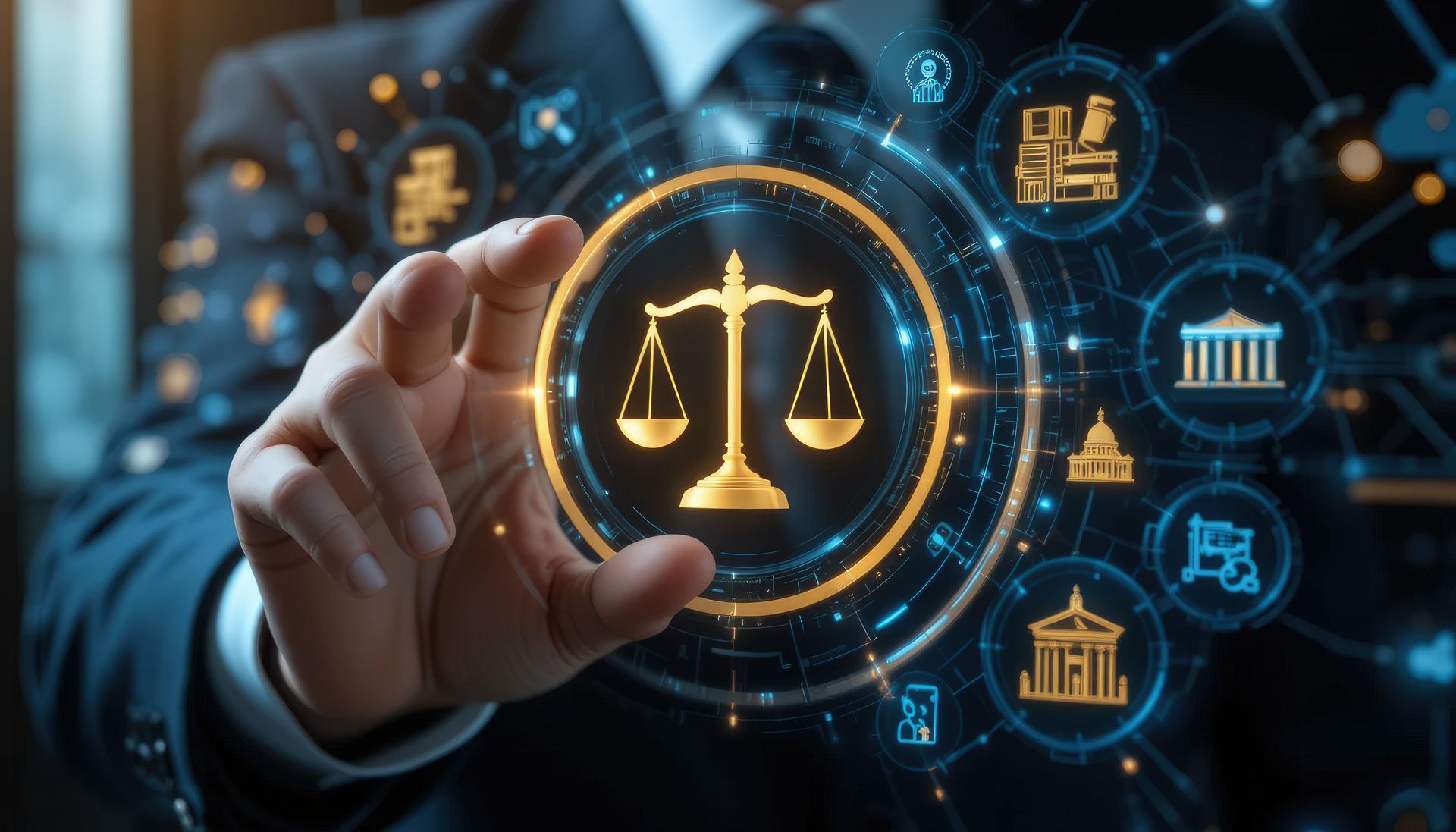 Legal Professional with Justice Icons. A suited legal professional touches virtual icons symbolizing law, justice, and legal services. business legislation, Notary public, legal advice online, Lawyer